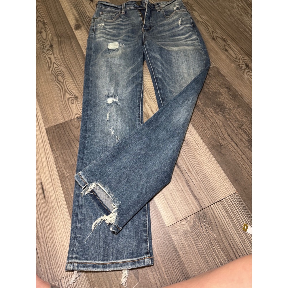 Risen Jeans Distressed Straight Leg Denim Medium Wash Raw Hem RDP1268 Size 25 1
